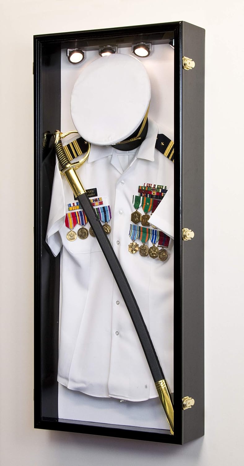 Military Shadow Box Display Case Uniform Cap Hat Sword Medals Cabinet Wall Frame - Lockable (Black Finish, White Felt Background)