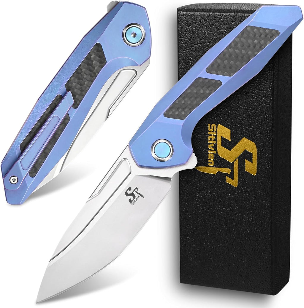 Sitivien ST996 Folding Knife,Handmade M390 Pearlescent Polishing Blade,Titanium & Carbon Fiber Handle Pocket Knife for Outdoor Camping,Hiking,Hunting(Blue)