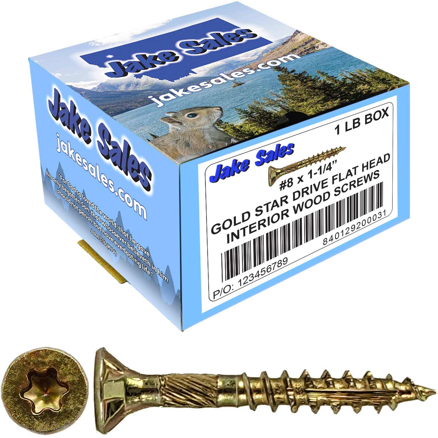 Jake Sales #8 x 1-1/4' Gold Star Wood Screw Torx/Star Drive Flat Head CASE Qty 42 Boxes 9,702 Screws
