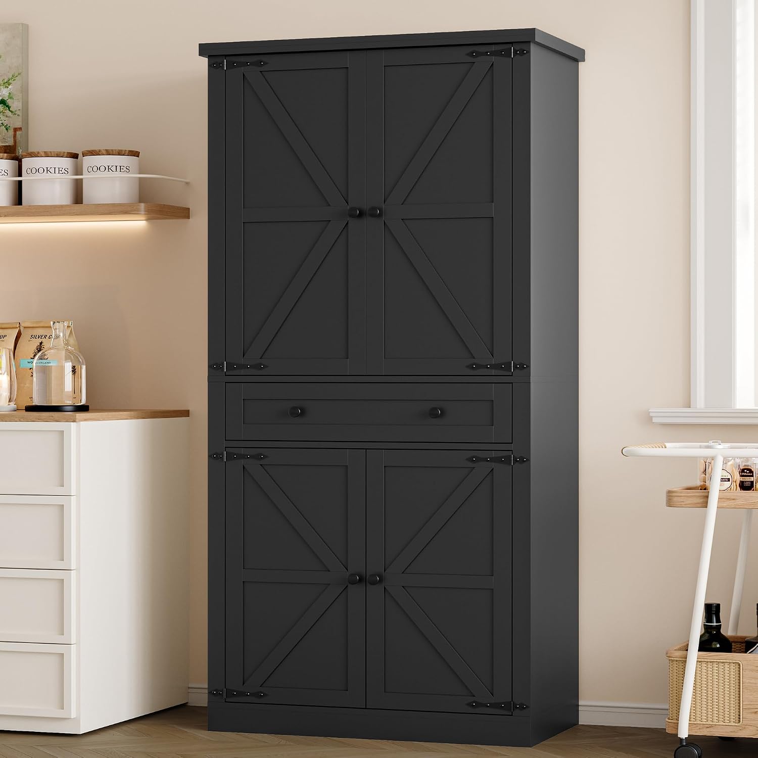 BORNOON Pantry Organizers and Storage Cabinet, 67.7' Barn Door White Kitchen Cabinet with Drawers and Adjustable Shelf, Tall Pantry for Kitchen, Dining Room, Living Room