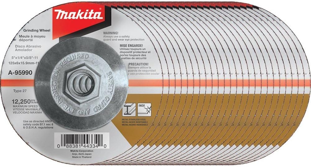 Makita A-95990-25 5' x 1/4' x 5/8-11' Hubbed INOX Grinding Wheel, 36 Grit, 25/pk