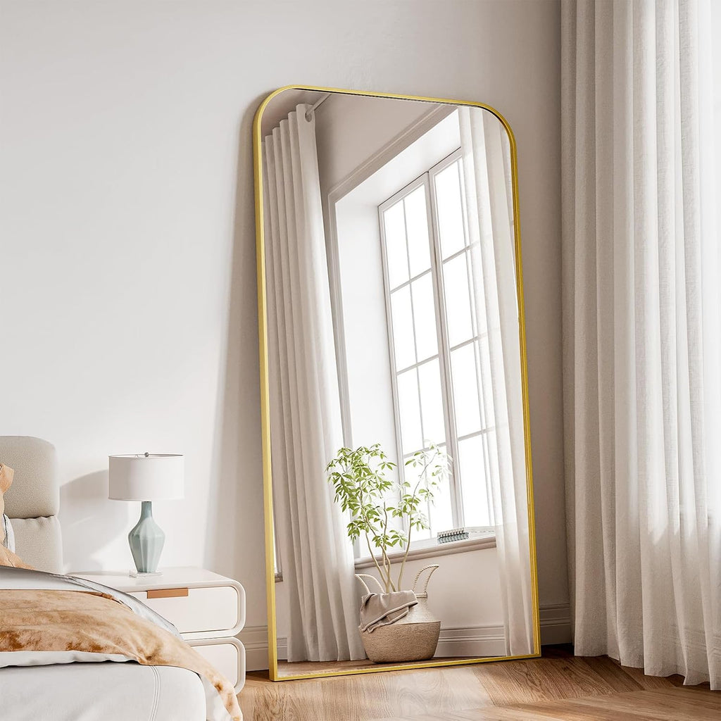 Koonmi Full Length Mirror, 71'x30' Mirror Full Length with Stand, Gold Domed Top Square-Edged Floor Mirror with Aluminum Alloy Frame for Bedroom Living Room