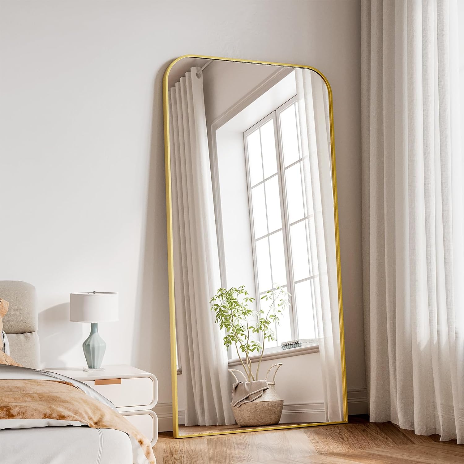 Koonmi Full Length Mirror, 71'x30' Mirror Full Length with Stand, Gold Domed Top Square-Edged Floor Mirror with Aluminum Alloy Frame for Bedroom Living Room