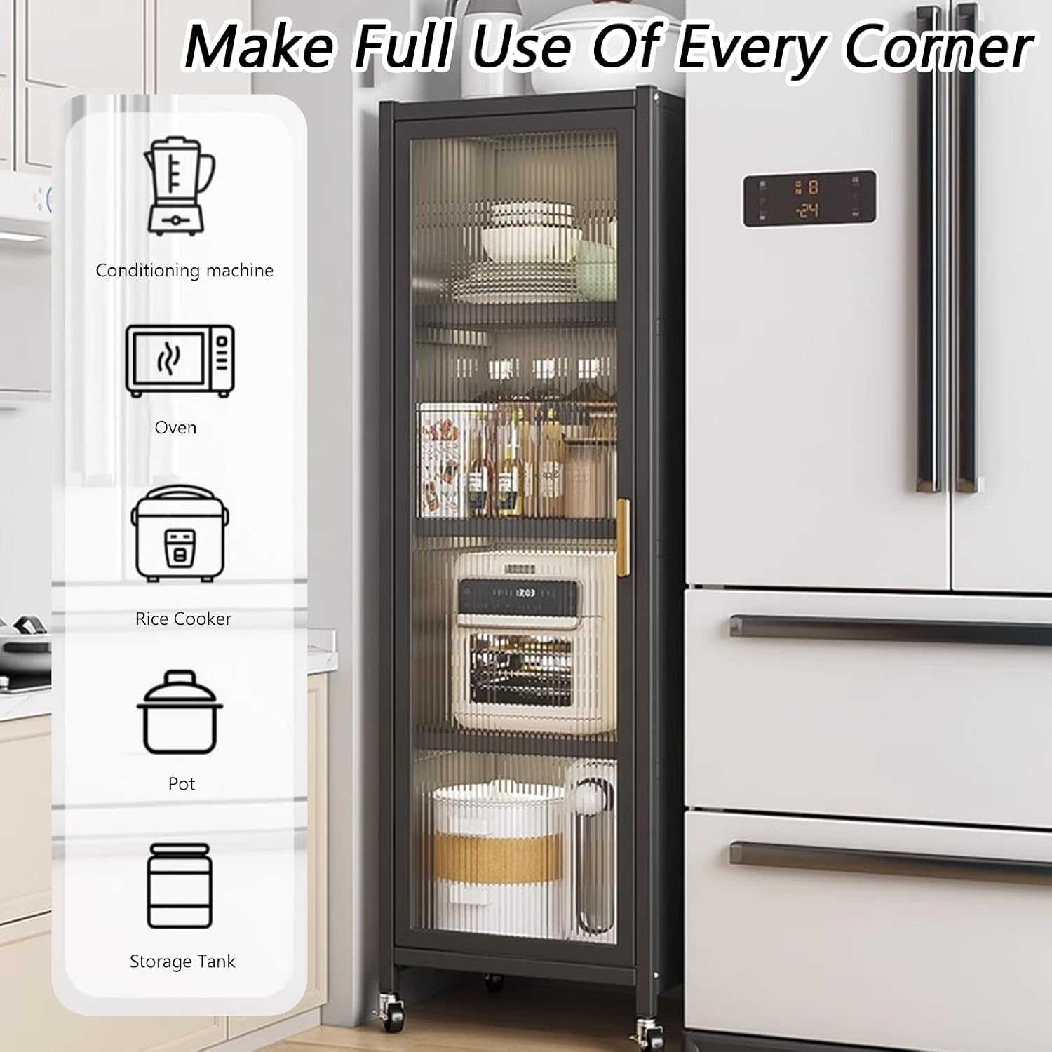 Free Standing Kitchen Bakers Rack, 3/4 Tier Microwave Stand with Transparent Door, Movable Pantry Storage Cabinet, Dining Room Living Room Shelves(L 13.8' x W 15.7' x H 45.5', White-3 Tier)