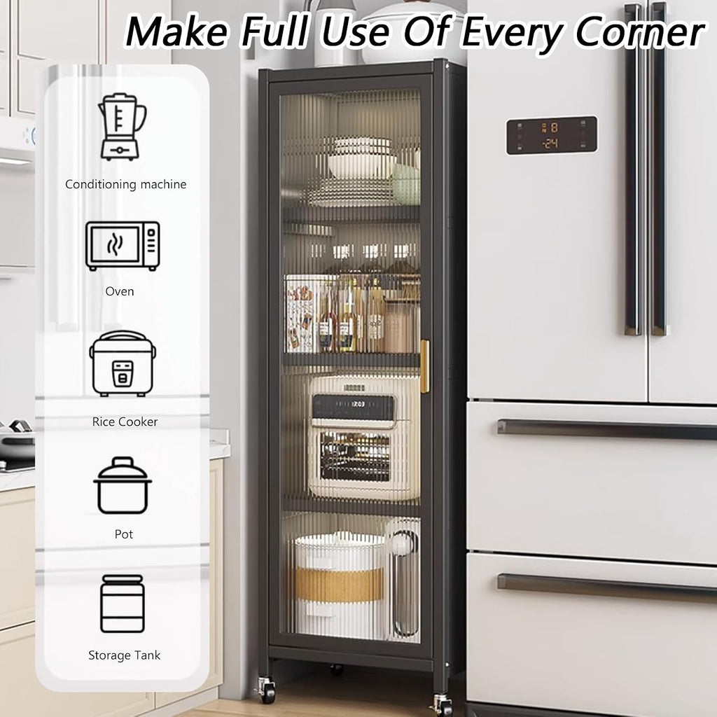 Free Standing Kitchen Bakers Rack, 3/4 Tier Microwave Stand with Transparent Door, Movable Pantry Storage Cabinet, Dining Room Living Room Shelves(L 13.8' x W 15.7' x H 59', Black-4 Tier)
