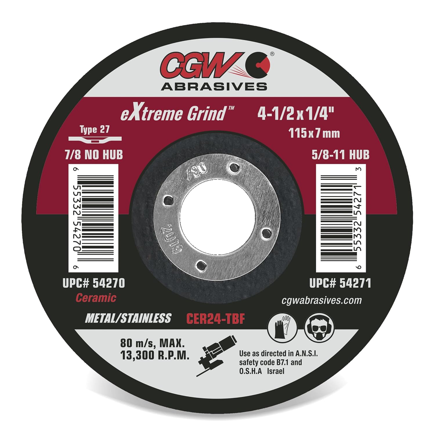 CGW Abrasives eXtrme Grind Ceramic Grinding Wheels 54270 CER24-TBF 4-1/2 x 1/4 x 7/8 (25 Pack)