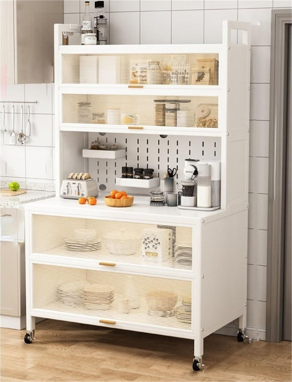 Storage Cabinet Kitchen Pantry Shelf Microwave 6-Tier Stand with Storage with Flip Door and Wheels Metal Sideboard Baker's Rack Coffee Pub for Spices Pots Pans,White 80cm