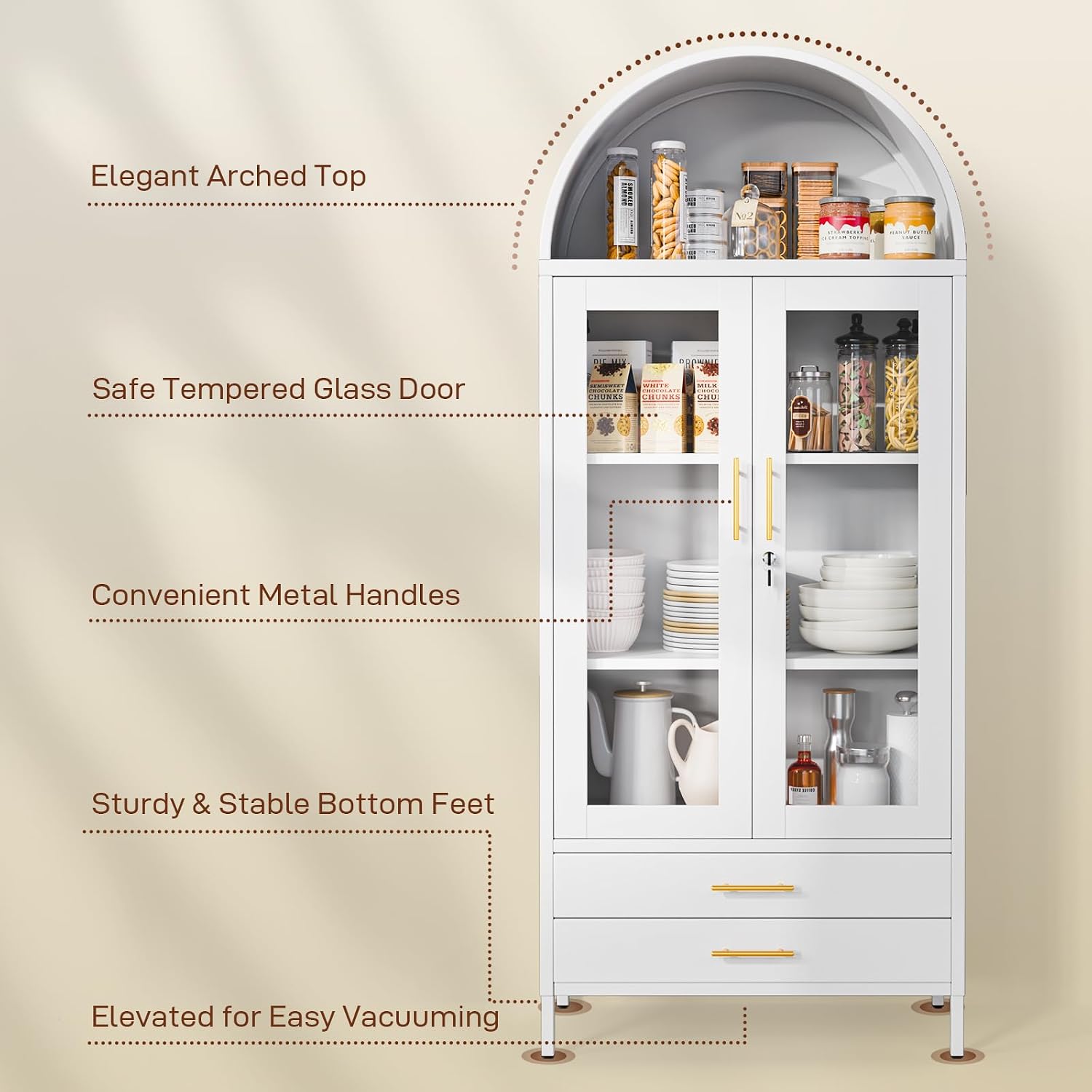 Holiwei Metal Storage Cabinet, 73' Arched Kitchen Pantry Organizer with 2 Drawers & 2 Adjustable Shelves, Freestanding Display Cabinet for Living Room