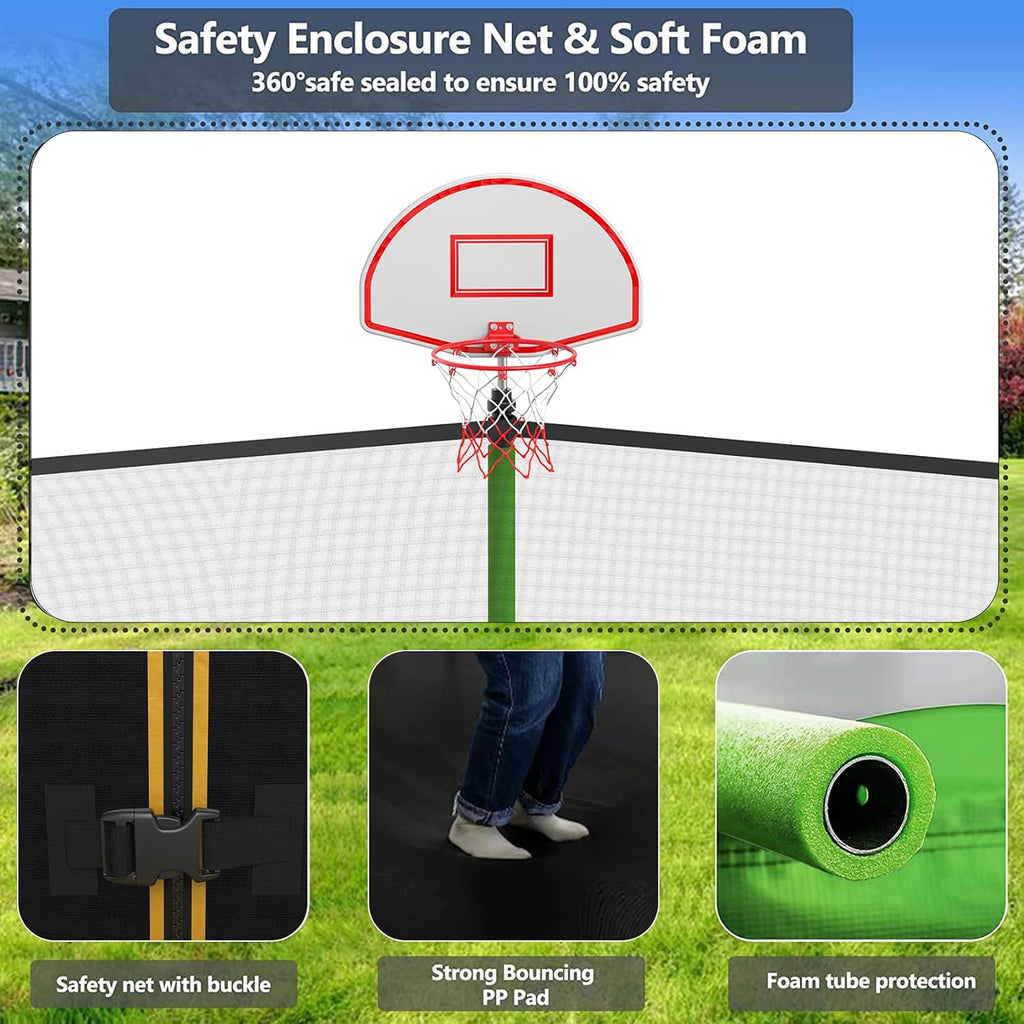 Lyromix Upgraded Trampoline with Lights, Large Outdoor Trampoline with Sprinkler,Basketball Hoop and Net, Capacity for 5-8 Kids and Adults