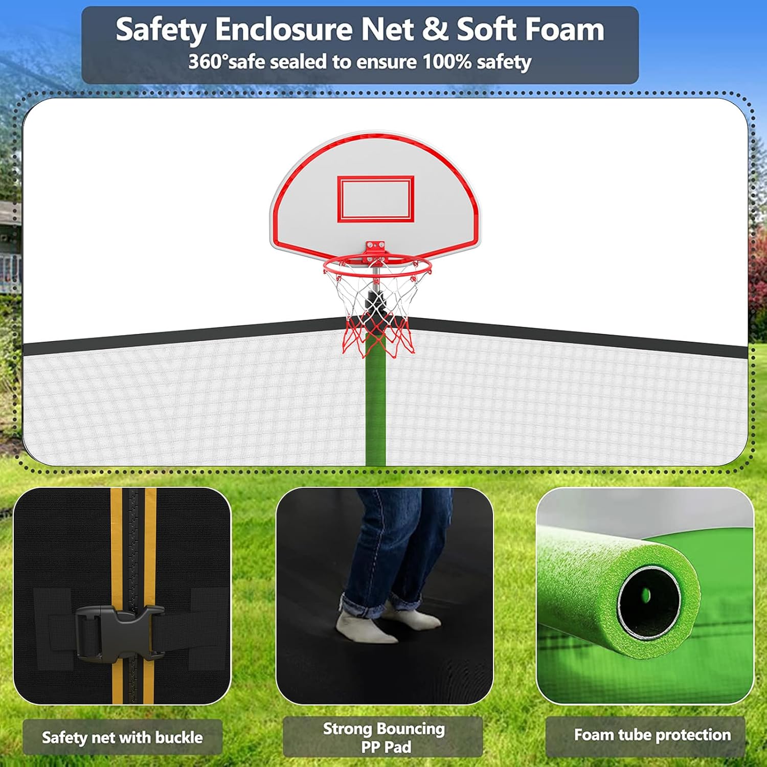 Lyromix Upgraded Trampoline with Lights, Large Outdoor Trampoline with Sprinkler,Basketball Hoop and Net, Capacity for 5-8 Kids and Adults