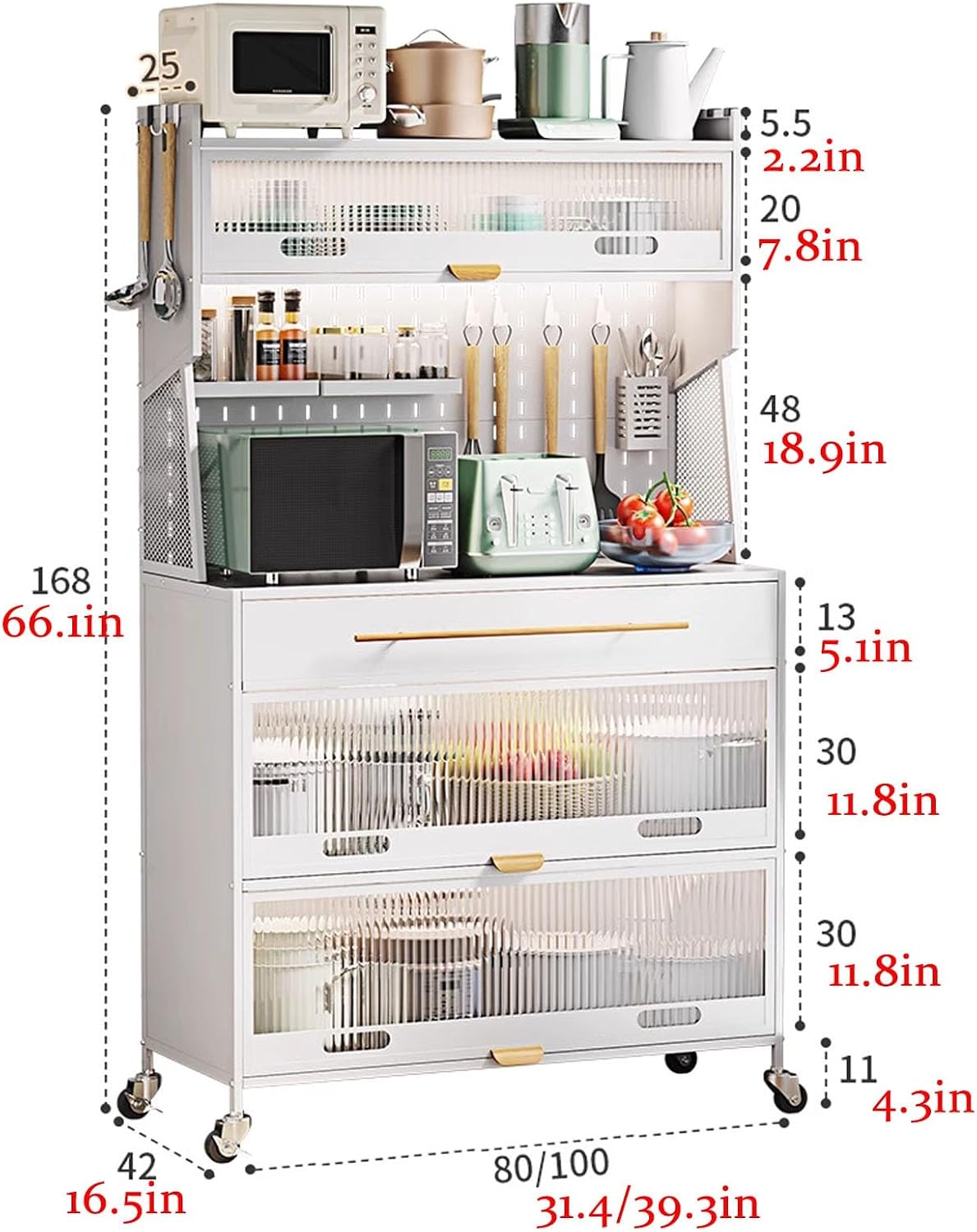JKGHK 5-Tier Bakers Racks with Storage for Kitchens, Microwave Stand on Wheels with Flip Door Cabinets and Pegboard, Tall Kitchen Pantry Cabinet with Drawer for Home(White,80cm/31.4in)
