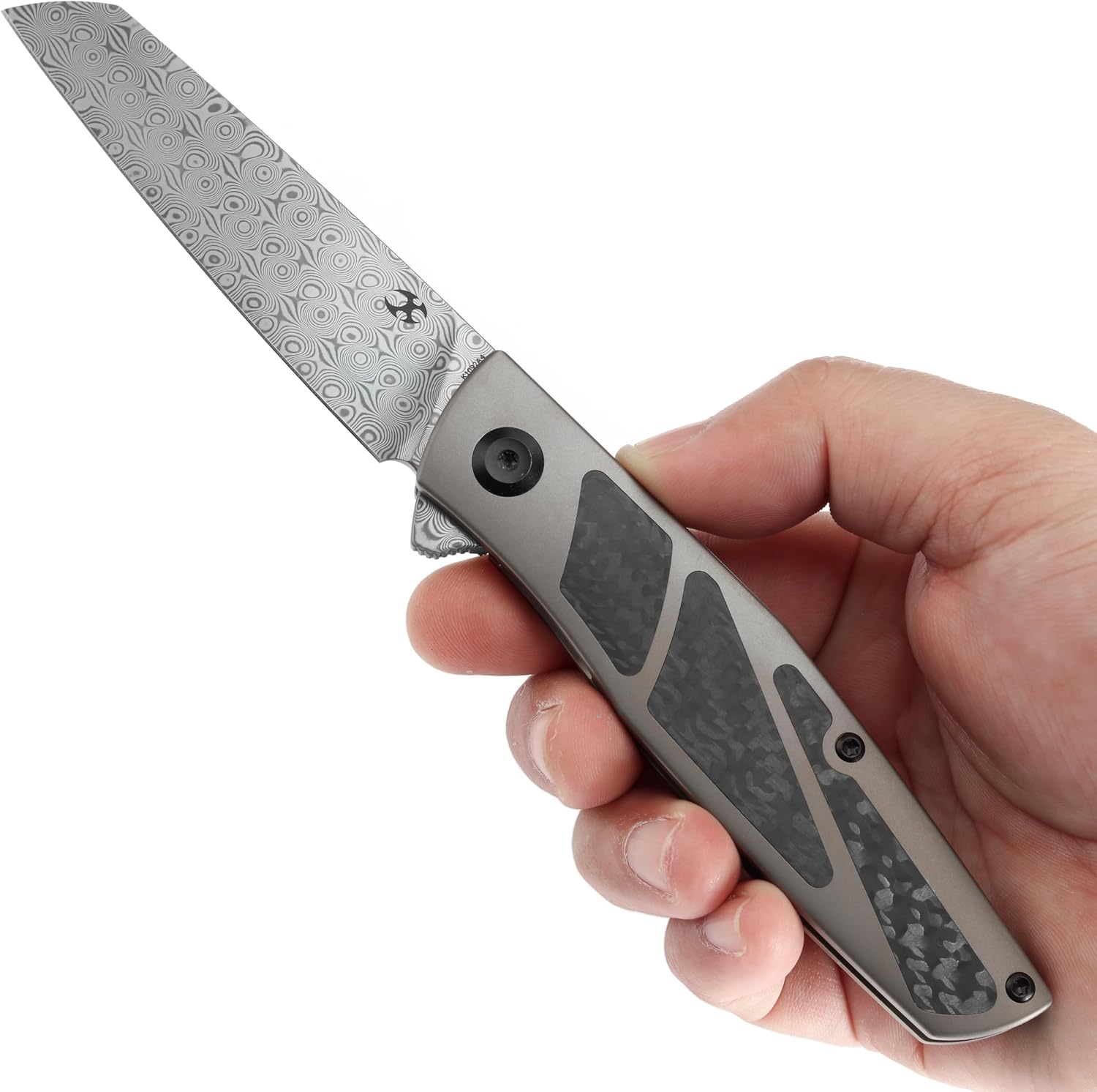 KANSEPT Cru Camping Pocket Knives for Men 8.19in Folding Pocket Knives with 3.46in Damascus and Bronze Anodized Titanium & Twill Carbon Fiber Handle for Outdoor, Tactical, Survival K1092A4