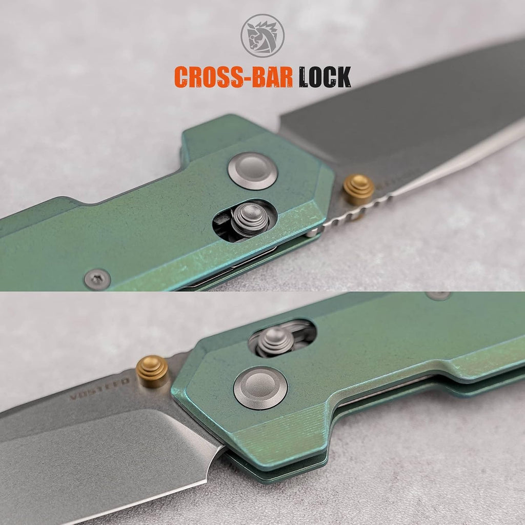 Vosteed Parallel Ultra Thin Folding Pocket Knife - 2.90' 154CM Stonewash Blade, Reverse Tanto - Crossbar Lock, Green Titanium Handle - Surviving, Camping Knives - A3519