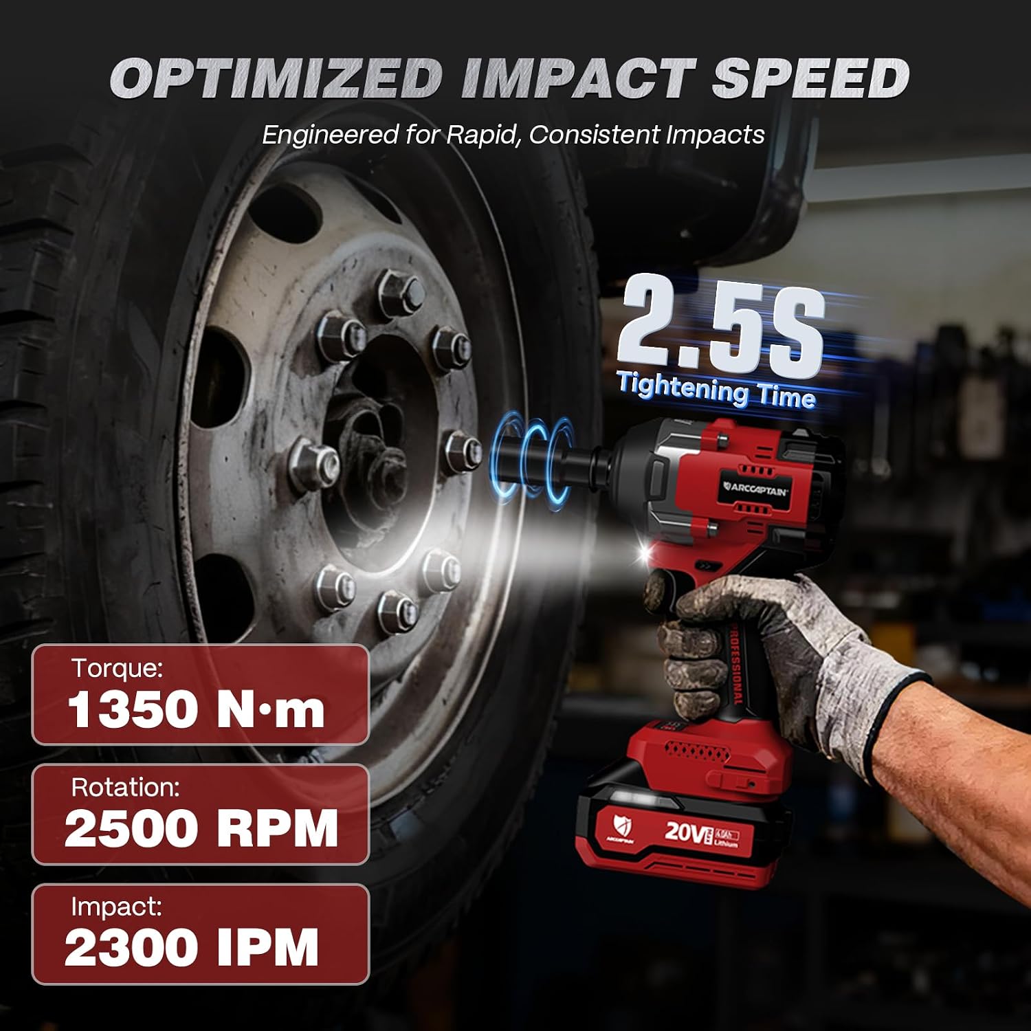 ARCCAPTAIN Cordless Impact Wrench, 1500N.m (1106Ft-lbs) 1/2' High Torque Impact Gun, 15C High-Rate 2x4.0Ah Batteries, 20V Power Impact Driver, Supports Up to 40mm Socket for Heavy Truck/Car/Pickup
