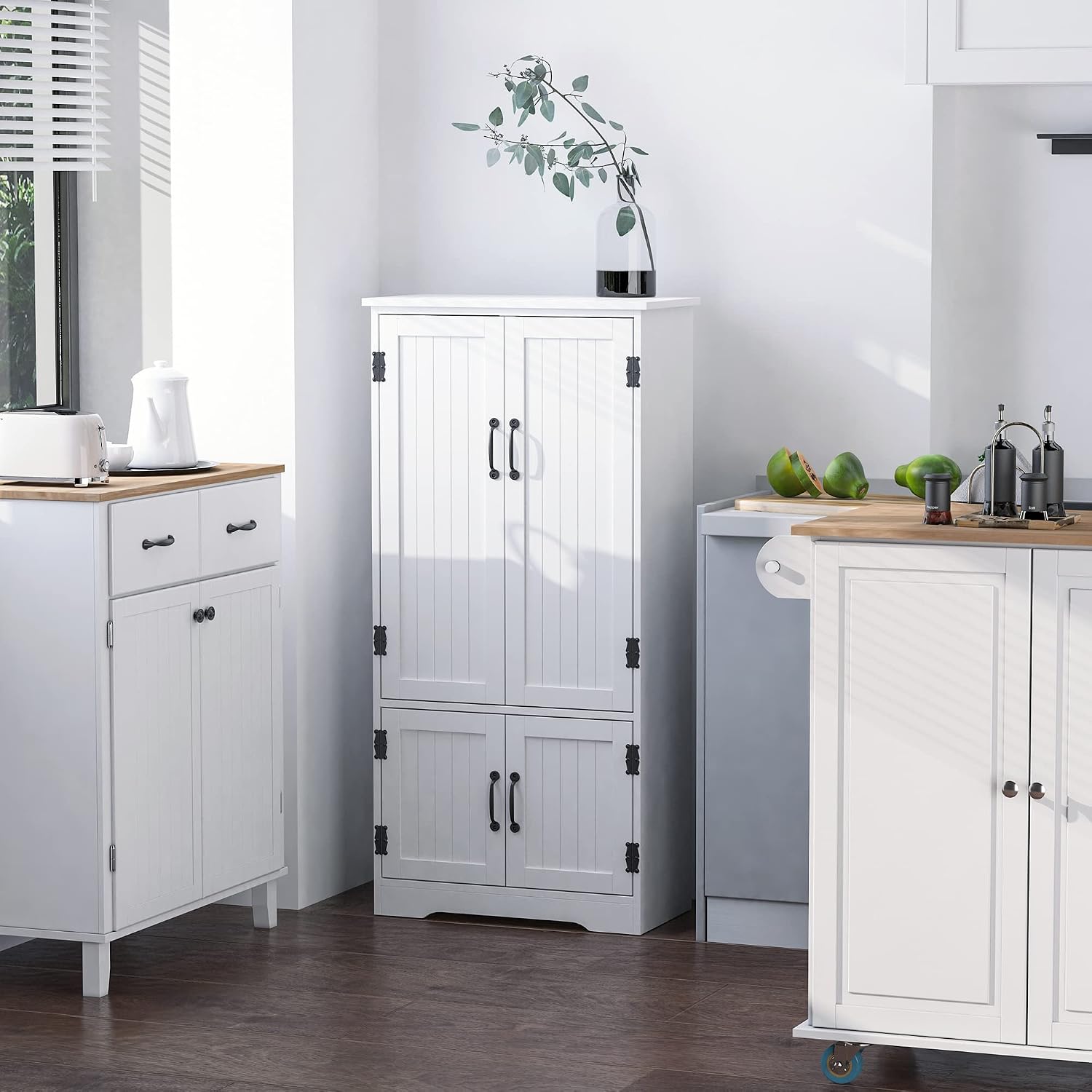 48' Farmhouse-style Freestanding Storage Cabinet, Kitchen Storage Bakers Rack with Adjustable Shelves, Utility Food Cupboard with Flexible Storage for Kitchen Dining Garage Laundry Rooms, White