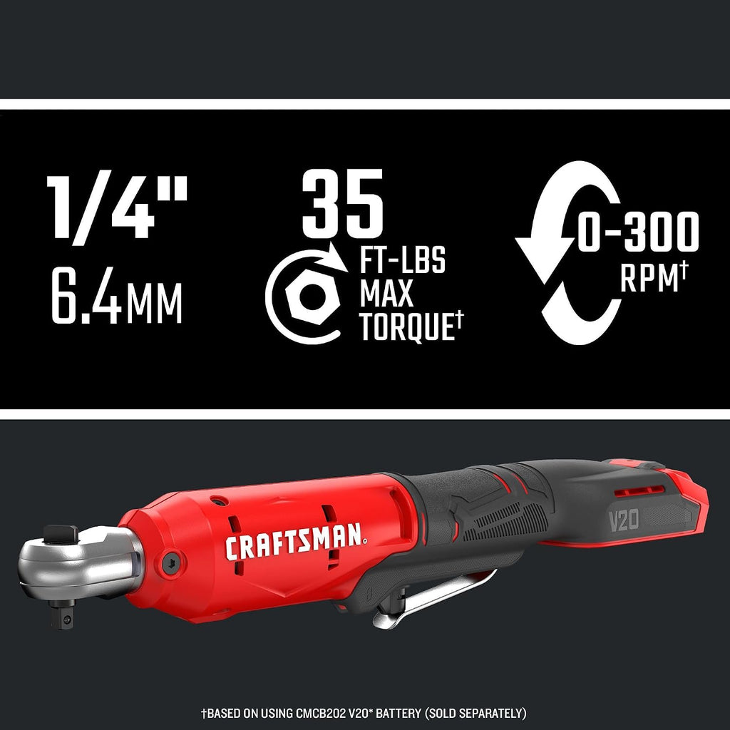 CRAFTSMAN V20 Cordless Ratchet Wrench, 1/4' Drive, 35 Ft-lbs of Torque, Bare Tool Only (CMCF934B)