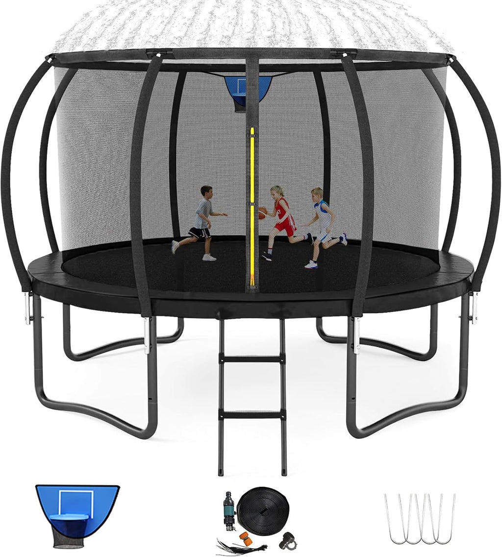 12FT 14FT Trampoline for Adults/Kids - Outdoor Trampoline with Basketball Hoop, Curved Poles, Enclosure Net and Ladder, Heavy Duty Recreational Trampoline, ASTM Approval