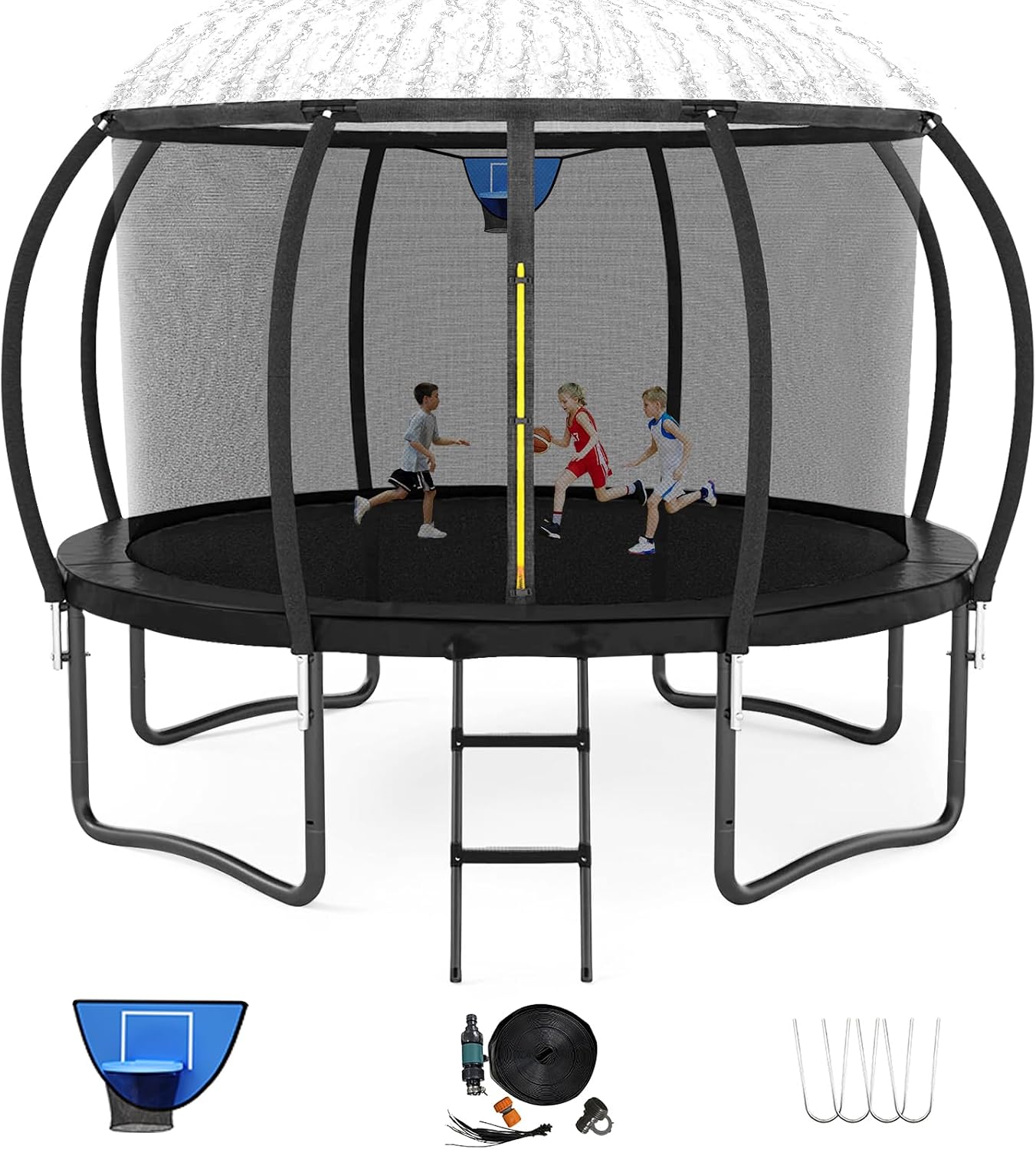 12FT 14FT Trampoline for Adults/Kids - Outdoor Trampoline with Basketball Hoop, Curved Poles, Enclosure Net and Ladder, Heavy Duty Recreational Trampoline, ASTM Approval