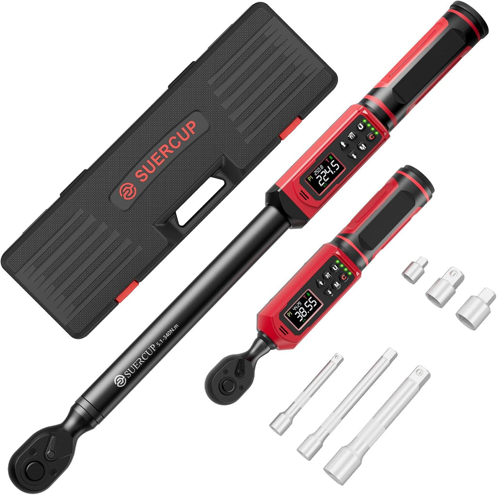 SUERCUP 3/8'&1/2' Digital Torque Wrench Set(0.66-44.29Ft.Lb/0.9-60N.m&3.8-250.8Ft.Lb/5.1-340Nm), ±1% Accuracy with Vibration, Buzzer,LED Notification and Five Units of Measure, for Car,Moto, DIY