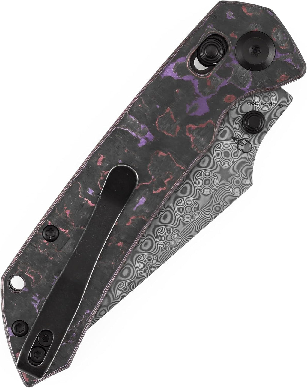 KANSEPT Fenrir Pocket Knife, 3.48'' Damascus Harpoon Blade, Purple Haze Fatcarbon Handle with Crossbar Lock, Thumb Stud Deep Clip for Edc, Camping Survival Hiking Folding Knives K1034V9