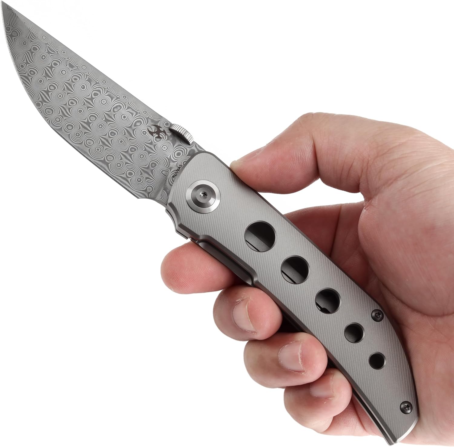 KANSEPT Tarkin Camping Pocket Knives for Men 7.87in Folding Pocket Knives with 3.42in Damascus Material and Bead Blasted Titanium with Holes Handle for Outdoor, Tactical, Survival K1078A5