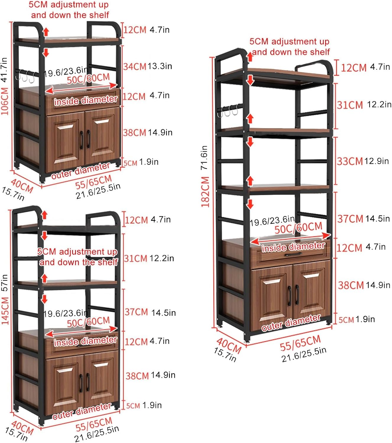 Multi Functional Microwave Oven Rack with Storage Cabinet for Kitchen Living Room Bedroom Standing Baker's Rack with Utility Sideboard Shelf Walnut Finish (55x40x)