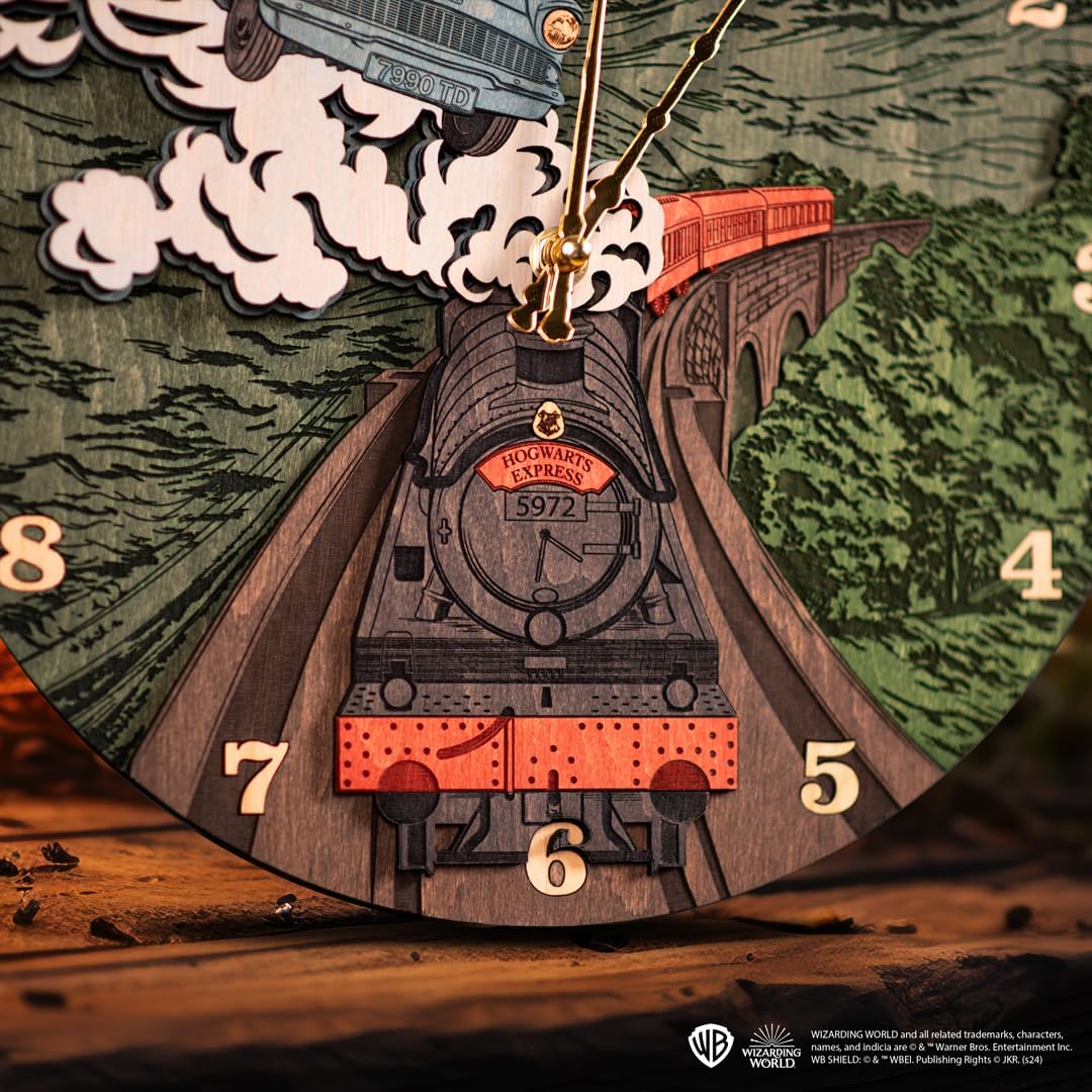 Hogwarts Express Round Clock - Harry Potter 3D Wall Clock - Unique Collectible Wooden Clock, Silent Modern Rustic Decorative Home Decor for Harry Potter Fans (L)