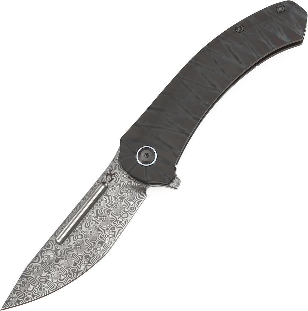 KANSEPT Hira Pocket Knife, 3.46'' Damascus Sharp Steel Blade and Blood groove, Curved Tiger Stripe Flamed Titanium Handle, Secure Frame Lock Folding with Flipper for Edc, Camping Hiking Knives K1090A5