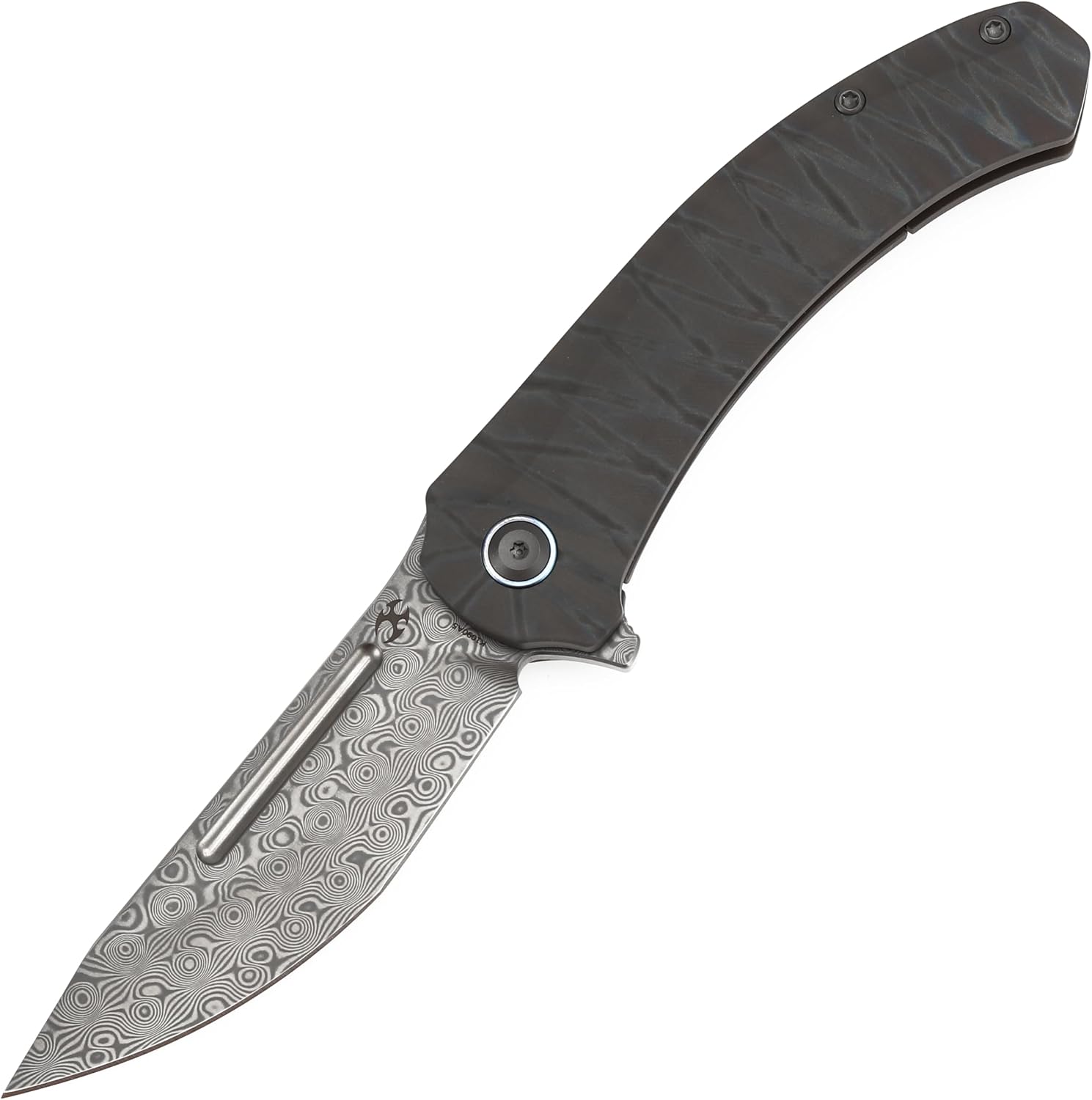 KANSEPT Hira Pocket Knife, 3.46'' Damascus Sharp Steel Blade and Blood groove, Curved Tiger Stripe Flamed Titanium Handle, Secure Frame Lock Folding with Flipper for Edc, Camping Hiking Knives K1090A5
