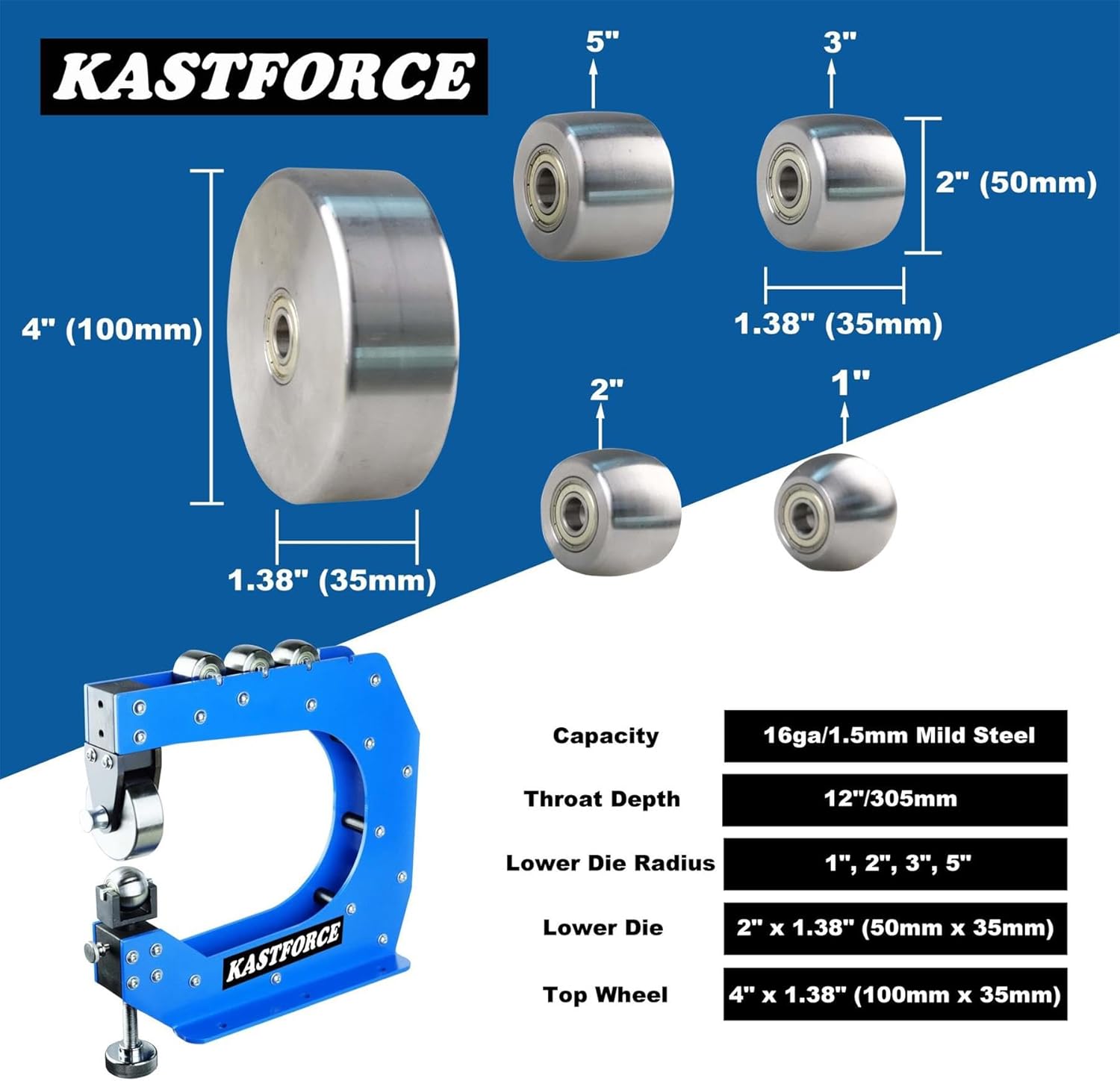 KF5018 Professional Benchtop English Wheel 12' 305mm | Throat Depth Forms up to 16 Ga 1.5mm Mild Steel, 4 Lower Die with Radius 1', 2', 3', 5', Hardness HRC35