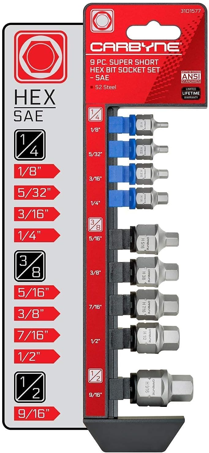 CARBYNE 4 Super Short Bit Socket Sets - 8 Piece XZN Triple Square, 9 Piece SAE Hex, 9 Piece Metric Hex AND 12 Piece Torx