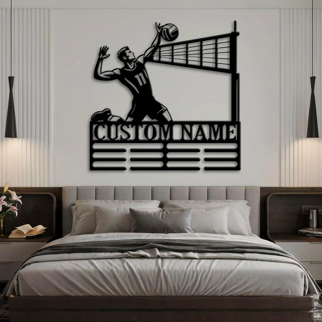Custom Volleyball Medal Holder LED Light, Volleyball Player Name Medal Hanger Display, Rack For Tiered Award Ribbon, Metal Sign Gift For Athlete Artwork