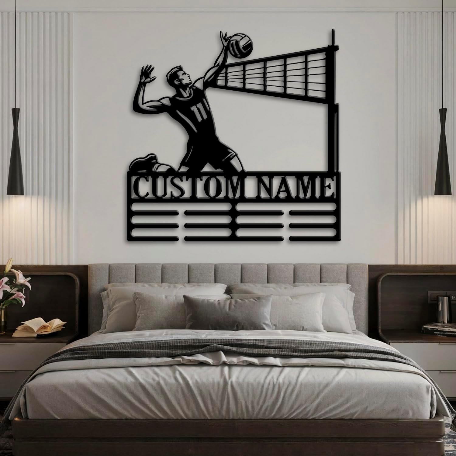 Custom Volleyball Medal Holder LED Light, Volleyball Player Name Medal Hanger Display, Rack For Tiered Award Ribbon, Metal Sign Gift For Athlete Artwork