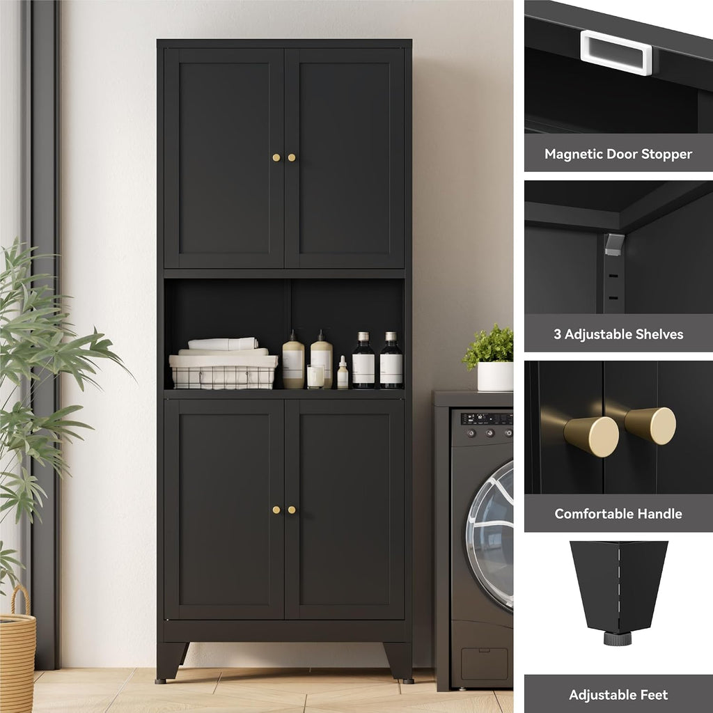 Bevivog Tall Pantry Cabinet with Microwave Shelf, 69' Metal Storage Cabinet with 4 Doors and Adjustable Shelves,Freestanding Metal Kitchen Hutch Cabinet, Black Pantry Closet Storage Shelves with Doors