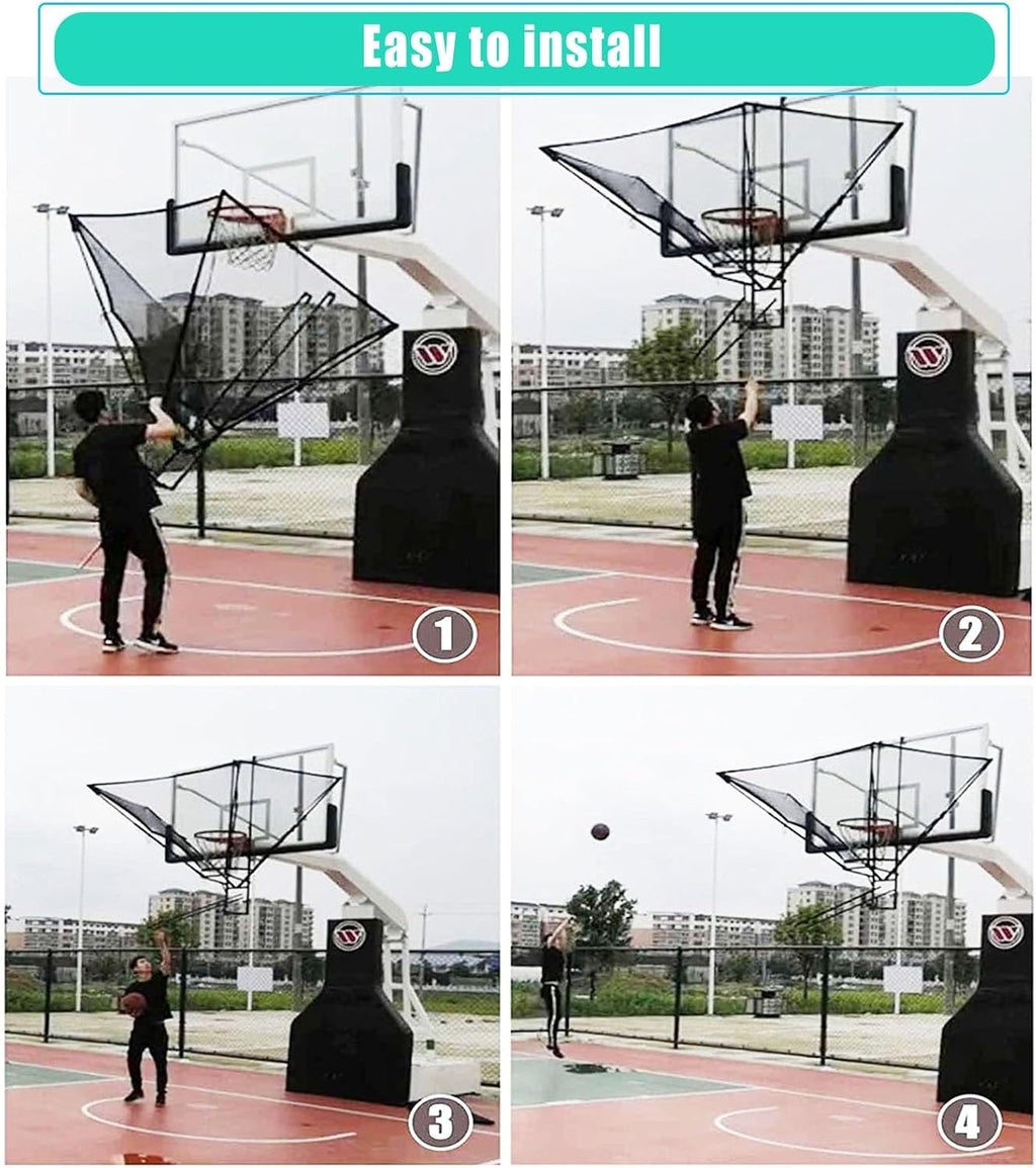 Basketball Shot Return NET Apparatus with 180° Rotating Chute, Suspended Portable Shooting Basketball Rebounder Device