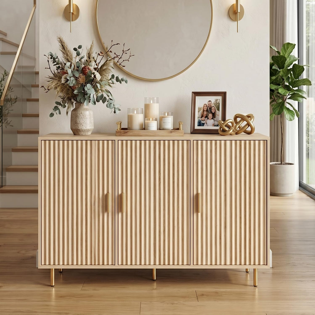 DIYART Oak Sideboard Buffet Cabinet, Accent Coffee Bar Cabinet with 3 Doors, Entryway Cabinet for Living Room, Kitchen, Hallway