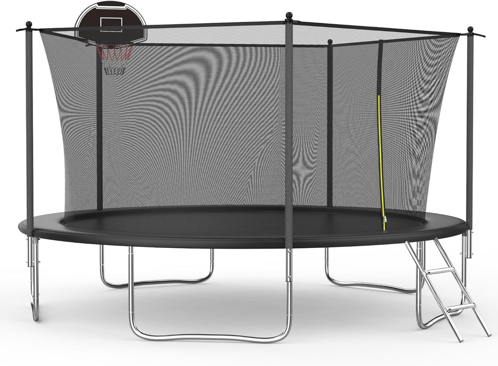 14FT Tranpoline for Kids with Safety Enclosure Net Recreational Round Tranpoline with Basketball Hoop ASTM Approval Backyard Outdoor Tranpoline with Spring Pad Cover & Ladder