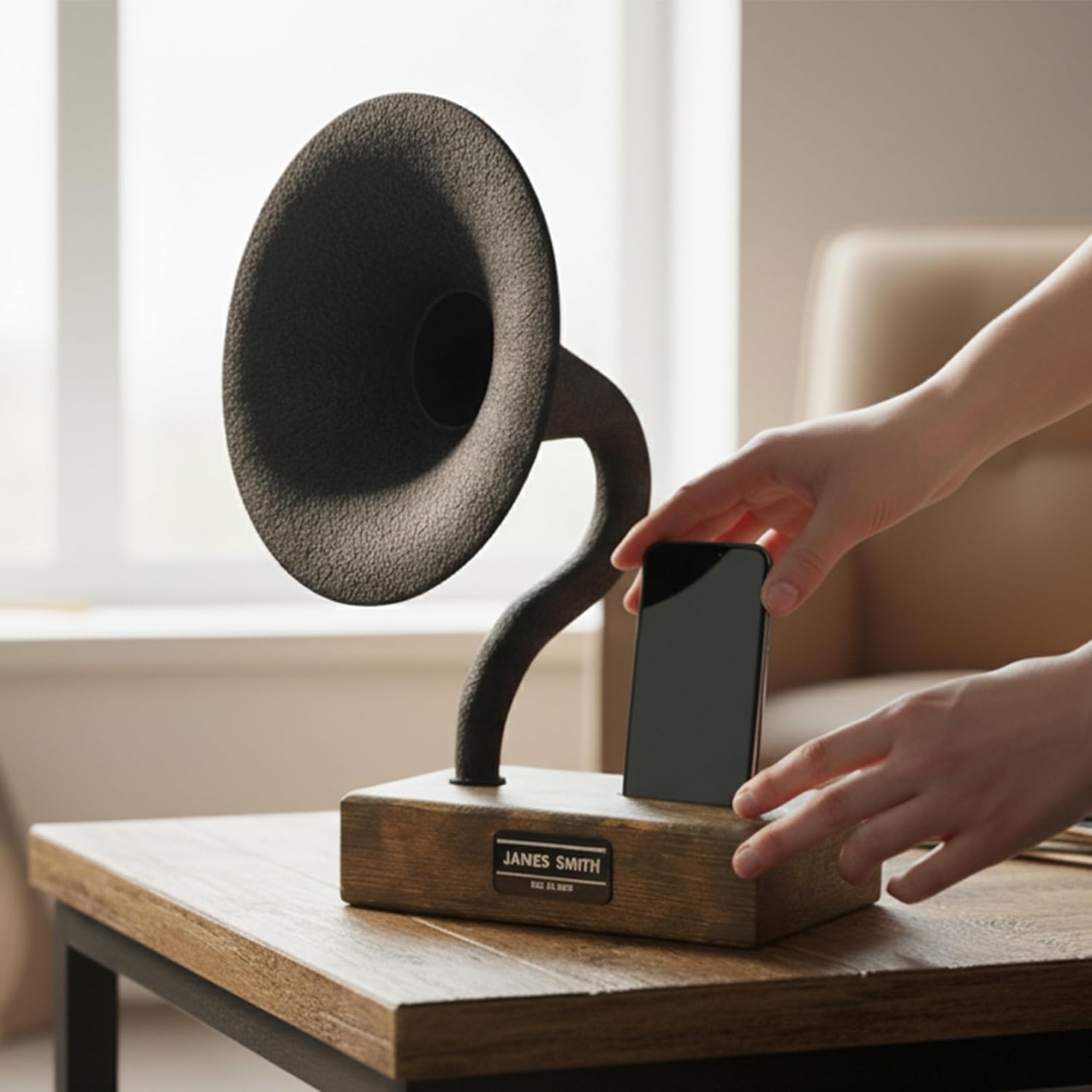 Handmade Acoustic Phone Speaker, Gramophone Phone Amplifier, Vintage Passive Speaker for Home Decor, Office Furniture Gift, Unique Handmade Smart Phone Dock - 15' Aged Oak & Cast Black