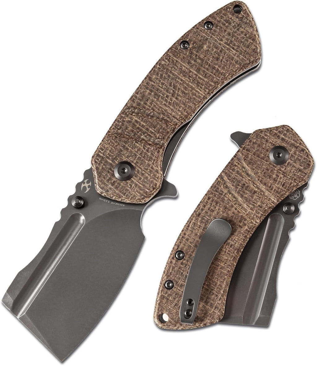 KANSEPT M+ Korvid Pocket Folding Knives Pocket Knife 3.07''Gray Anodized and Stonewashed CPM S35VN Blade,Burlap Brwon Micarta Handle,Cleaver Pocket Camping Knife for Everyday Carry K2030C4U
