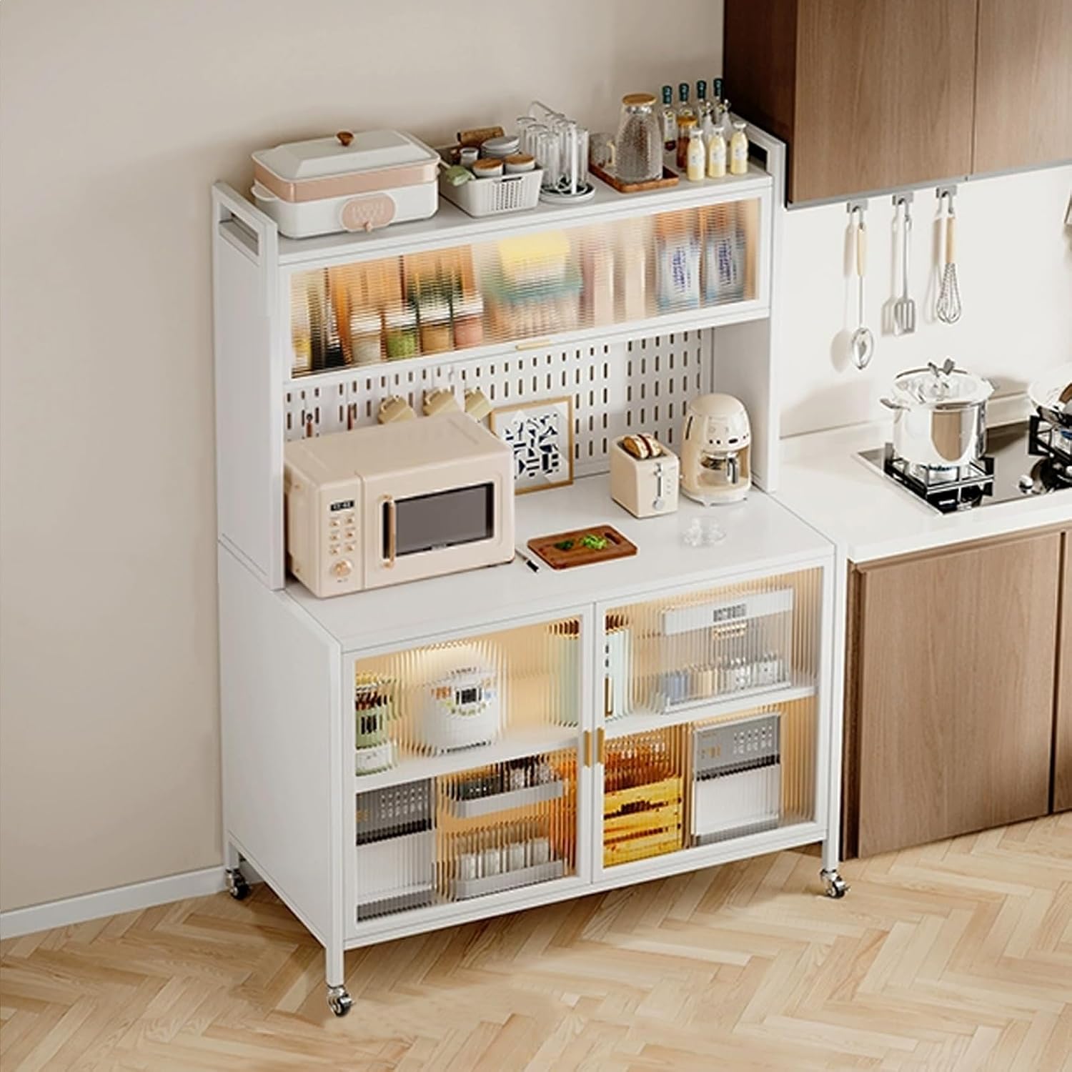 Bakers Racks for Kitchens with Storage, Kitchen Storage Cabinet, Large Bakers Rack with Cabinet, with Wheels and Hooks(White,70cm)