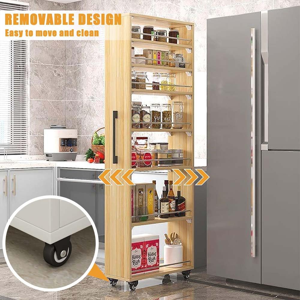 Slim Storage Cart with Wheels, Next to Fridge Storage Spice Rack, Kitchen Rolling Cart, Wood Storage Organizer for Kitchen, Bakers, Pantry, Dining Room (White,10' L x 22' W x 73' H)