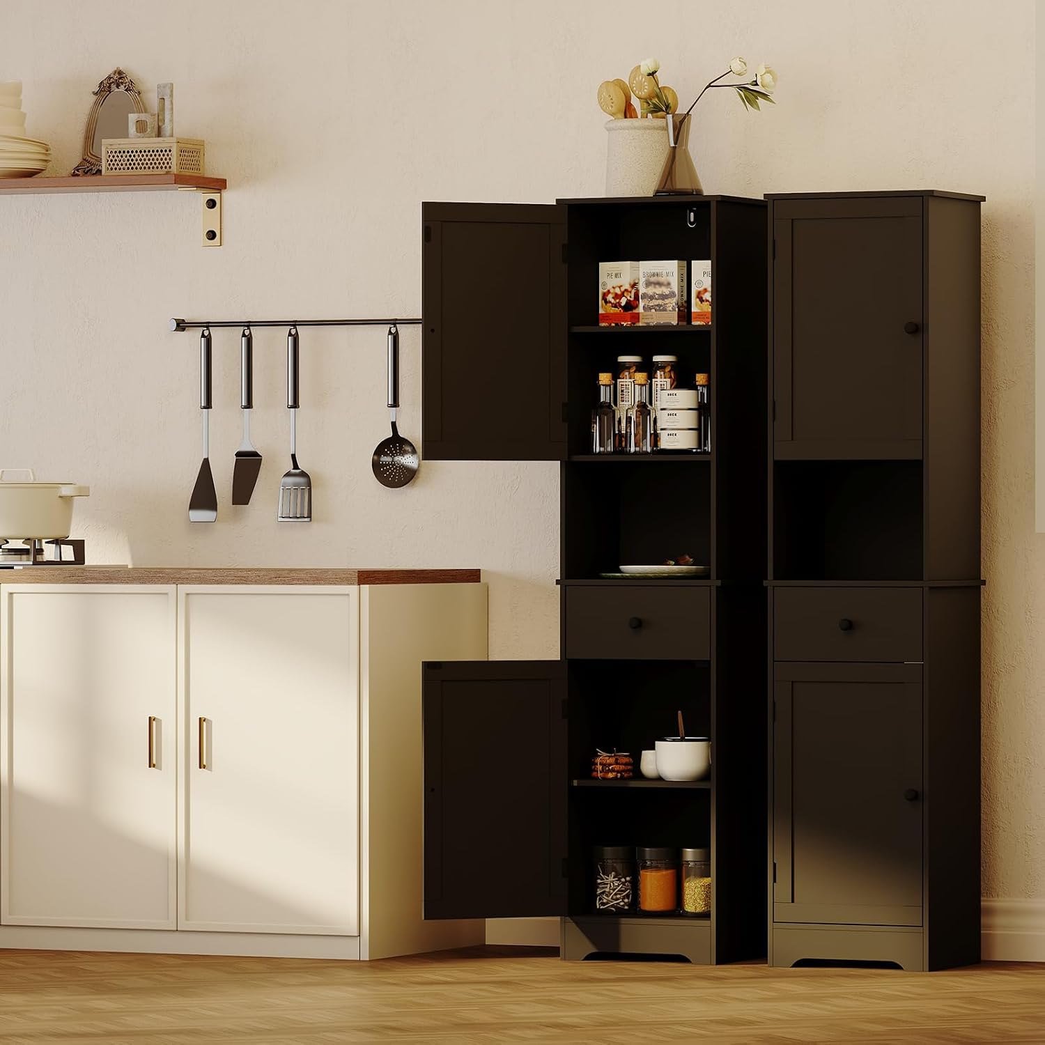 Viaozutis Tall Bathroom Cabinet, Storage Cabinet with 2 Doors & 2Drawer, with Ajustable Shelve, for Bathrooms, Kitchens,Entrances（Black）