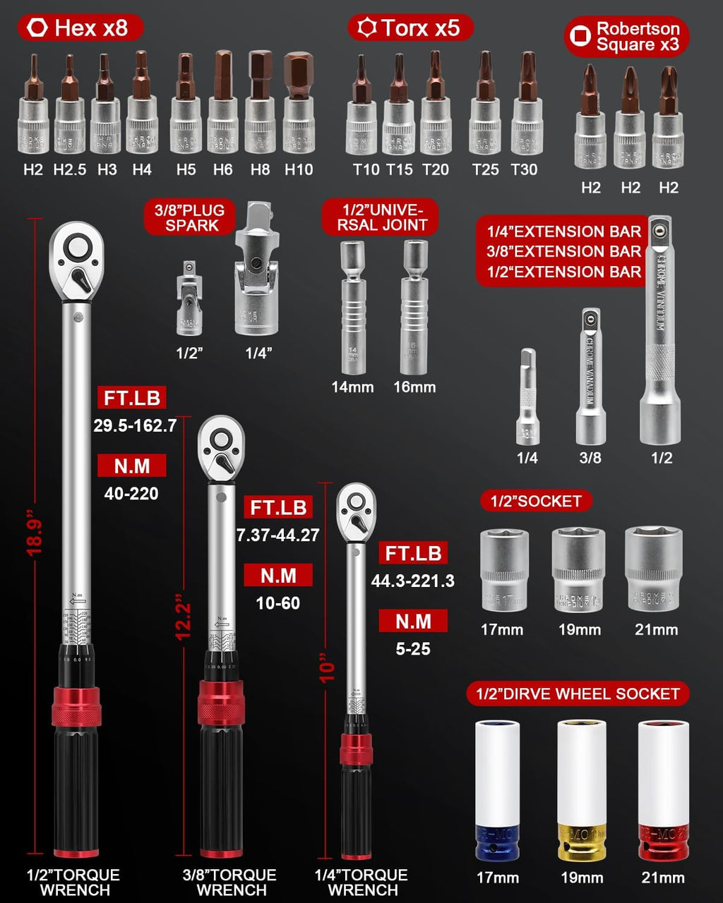 1/4 3/8 1/2-inch Drive Torque Wrench, 32Pcs Torque Wrench Set with Hex, Torx, Sockets, Spark Plug Socket & Adapters for Bike, Motorcycle, Car Spark