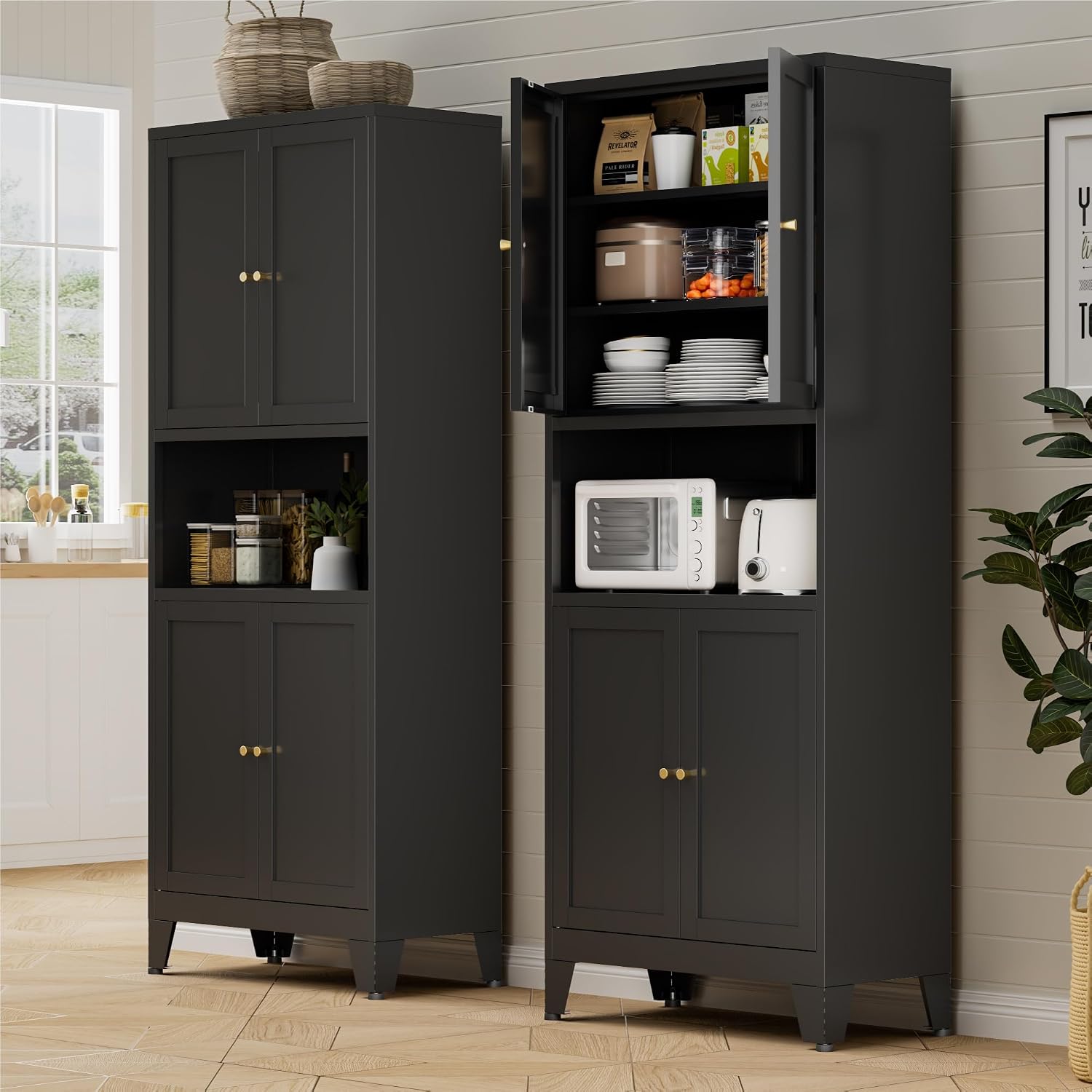 Bevivog Tall Pantry Cabinet with Microwave Shelf, 69' Metal Storage Cabinet with 4 Doors and Adjustable Shelves,Freestanding Metal Kitchen Hutch Cabinet, Black Pantry Closet Storage Shelves with Doors