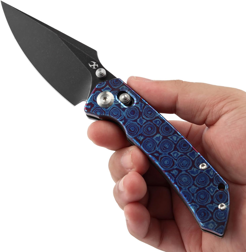 KANSEPT Fenrir Pocket Knife, 3.48'' Black Stonewashed CPM S35VN Harpoon Sharp Blade, Timascus Handle, Thumb Stud Pocket Clip for Edc, Camping Survival Hiking Folding Knives K1034V6