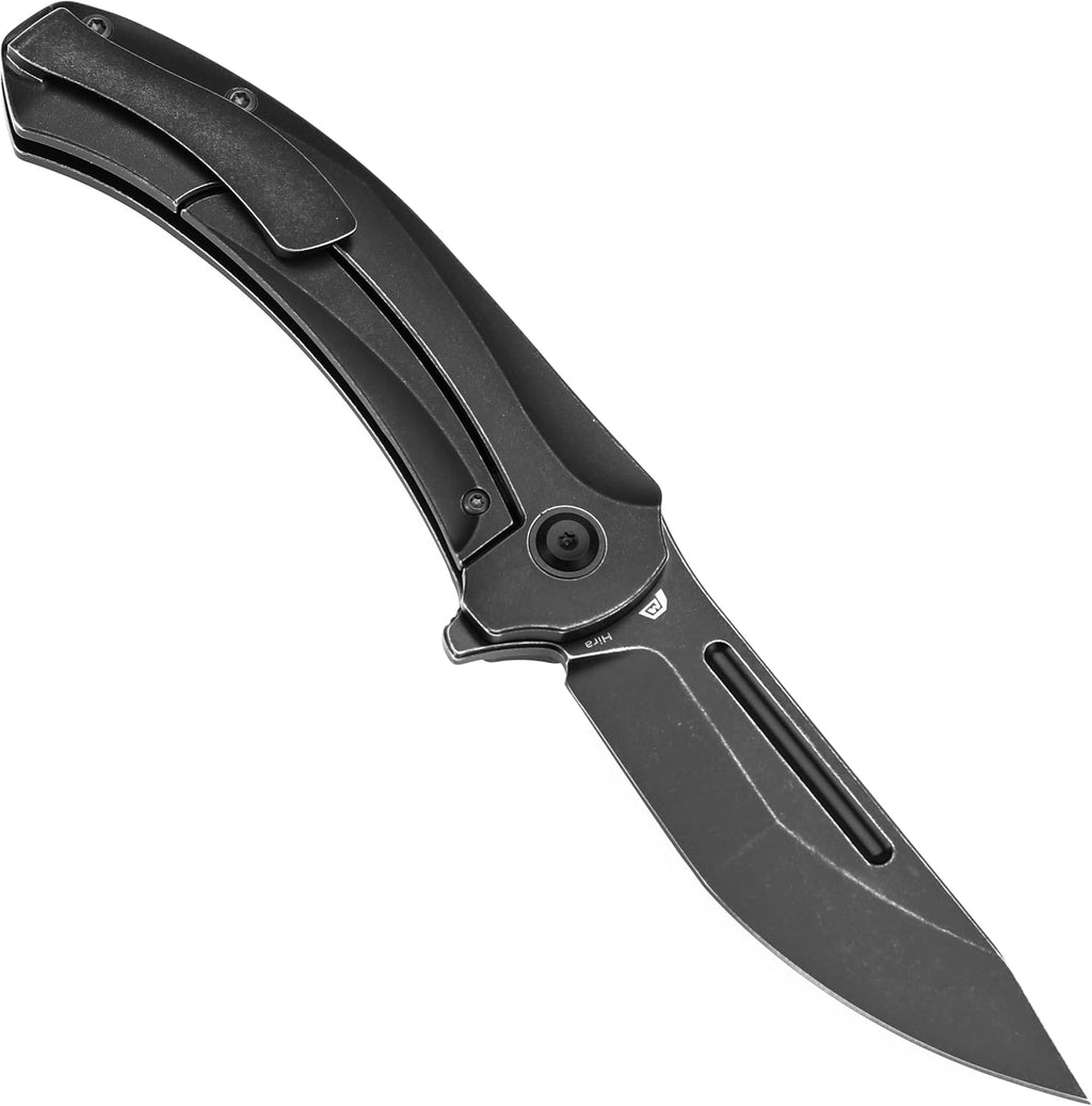 KANSEPT Hira Pocket Knife, 3.46'' Blackwash CPM S35VN Sharp Steel Blade and Blood groove, Curved Black Titanium Handle, Secure Frame Lock Folding with Flipper for Edc, Camping Hiking Knives K1090A1