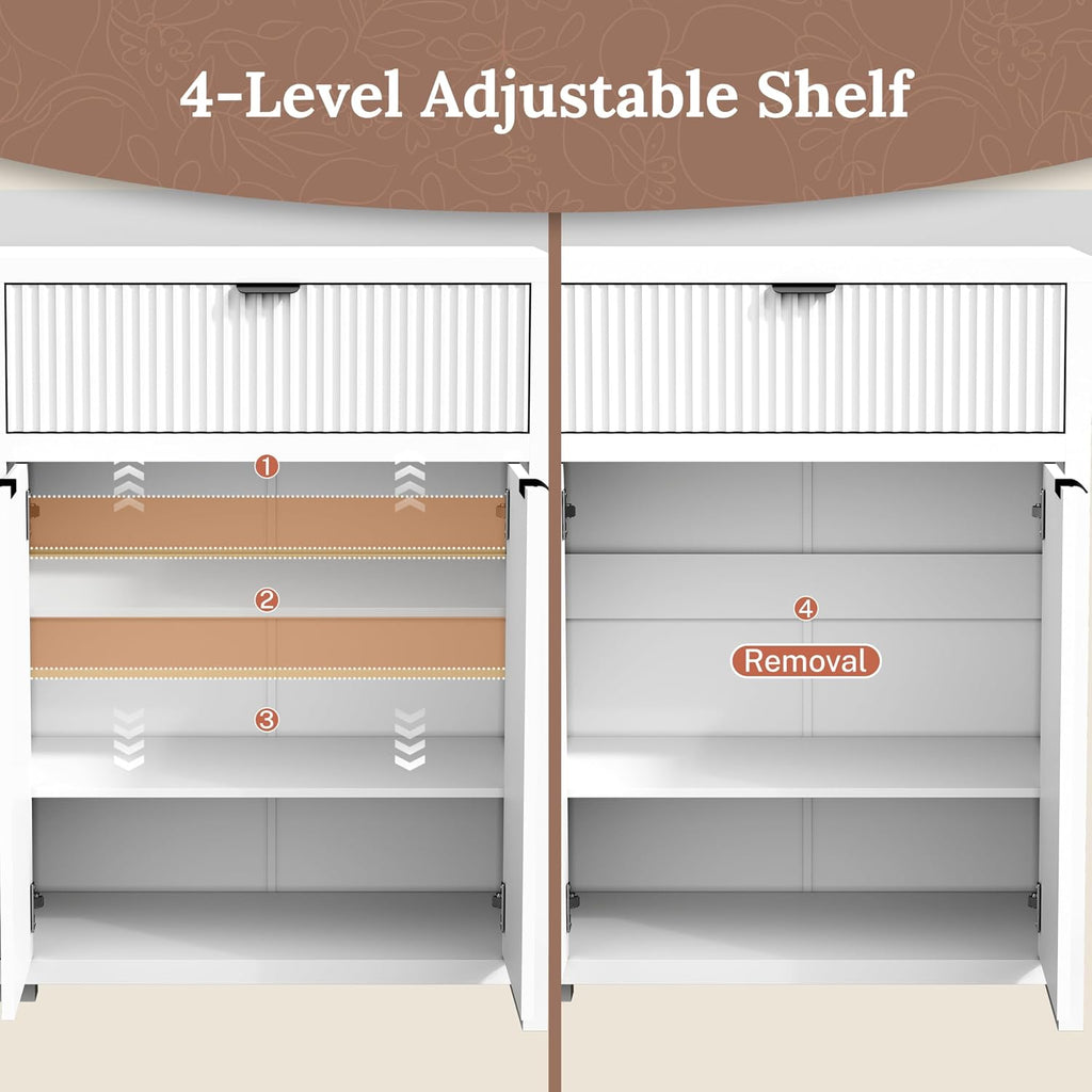 55' W Sideboard Buffet Cabinet with Storage, White Fluted Cabinet with 2 Drawers & 4 Doors, Wood Kitchen Cabinet with Adjustable Shelves for Living Room,Kitchen and Dining Room - White