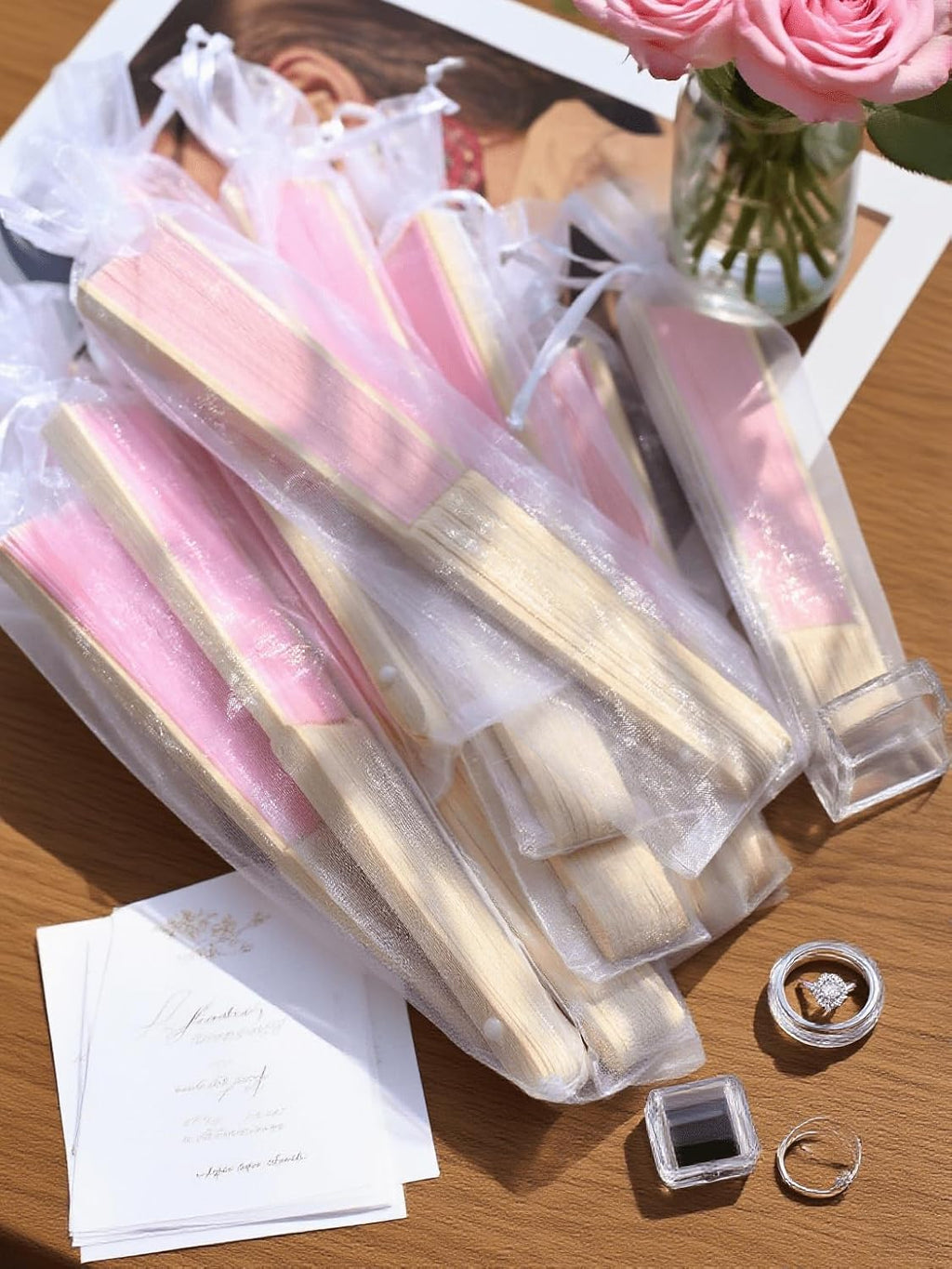 Custom Pink Silk Wedding Fans for Guests -128pcs Personalized Engraved Summer Wedding Fans,Bachelor Party Favor Bridal Shower Gift (Pink)