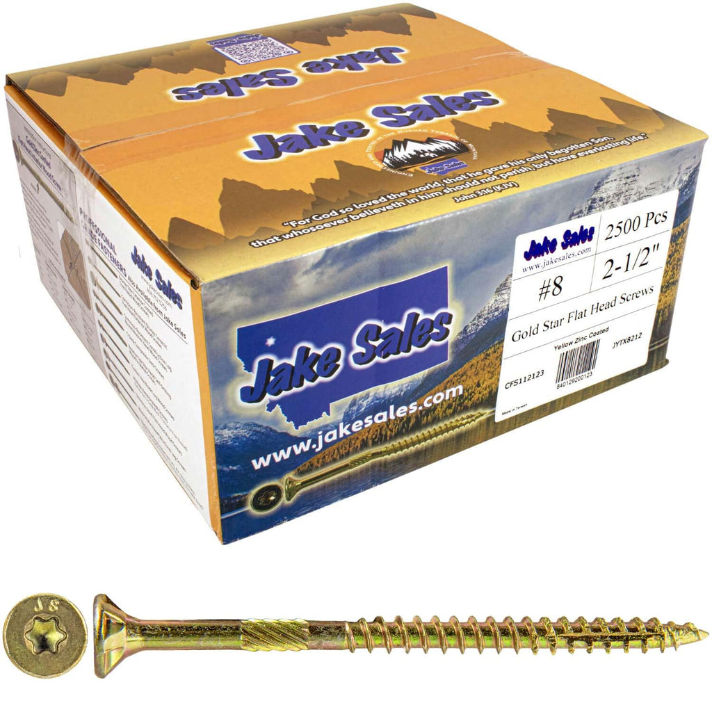 Jake Sales #8 x 2 1/2' Gold Star Wood Screw Torx/Star Drive Flat Head - Multipurpose Screws (Full Box - 2500 Count)