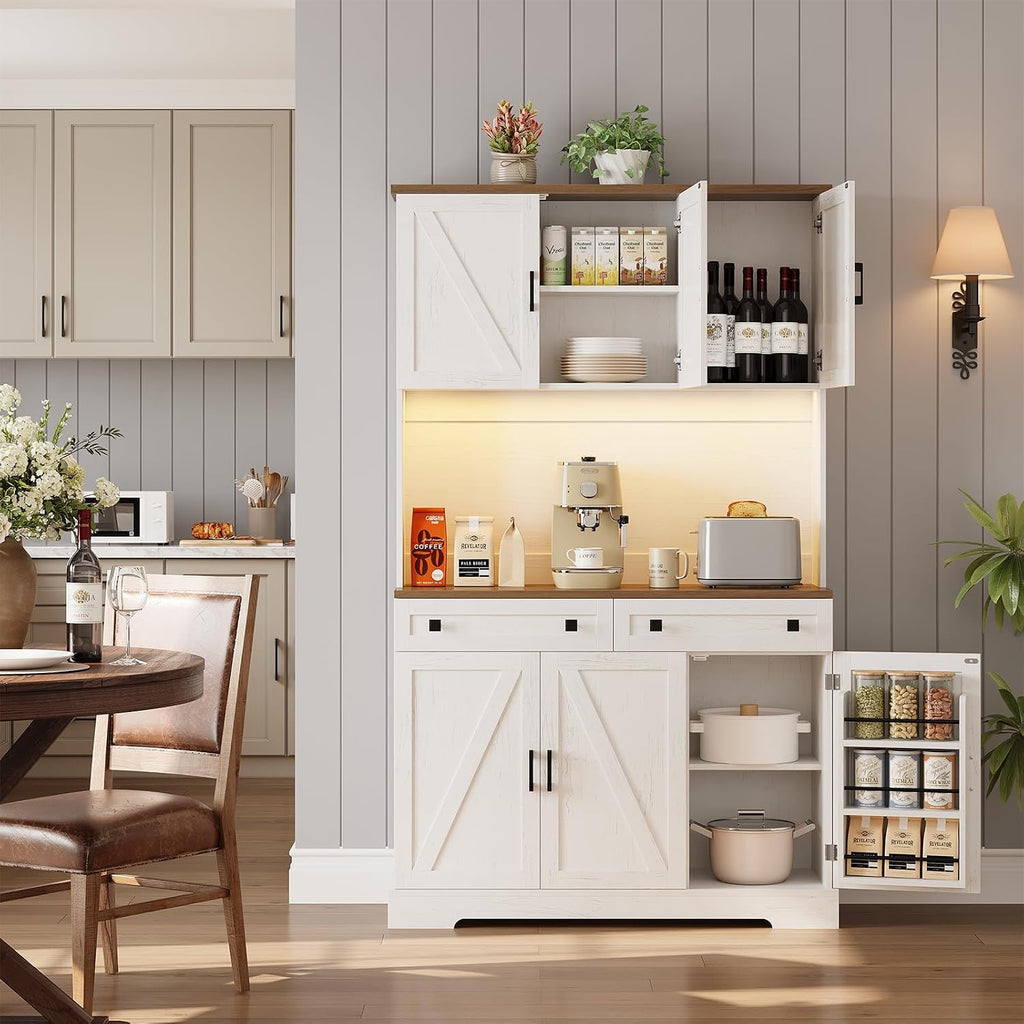 ELYKEN 71' Kitchen Pantry Cabinet with Charging Station & LED Lights, Tall Kitchen Storage Cabinet with Hutch, Farmhouse Pantry with Door Shelf & Pull Out Shelf for Dining Room Kitchen, White